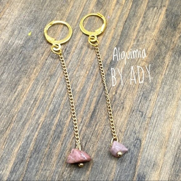 Rhodonite vintage gold  extra long gold dangle statement earrings - Picture 1 of 1